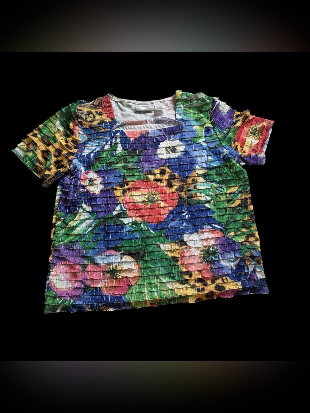 Alfred Dunner Blouse PS Petite Small Floral Animal Print Crinkle Ruffle Sq Neck